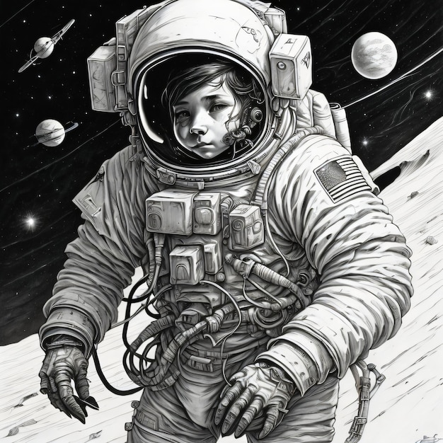 A drawing of a astronaut in space with the moon in the background.