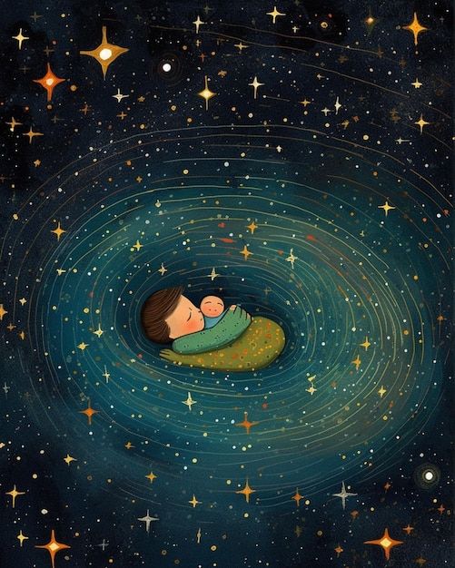 Photo a drawing of a baby and his mother hugging in the night sky.