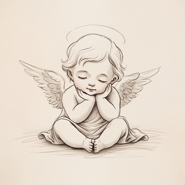 a drawing of a baby sitting on a blanket with a angel on his face