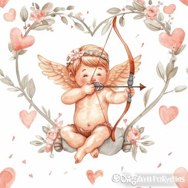 Photo a drawing of a baby with a bow and arrow pointing to the right