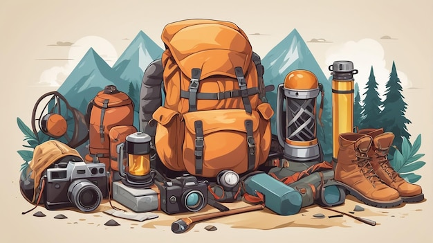 a drawing of a backpack and equipment