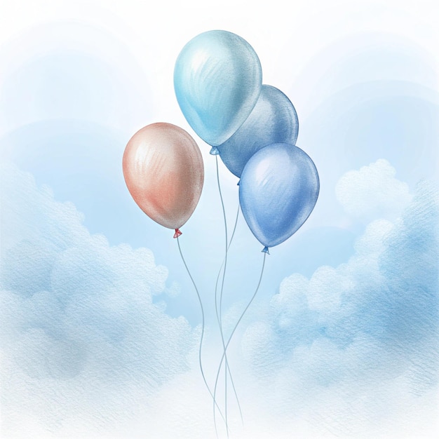 Photo a drawing of balloons with blue and red balloons in the sky