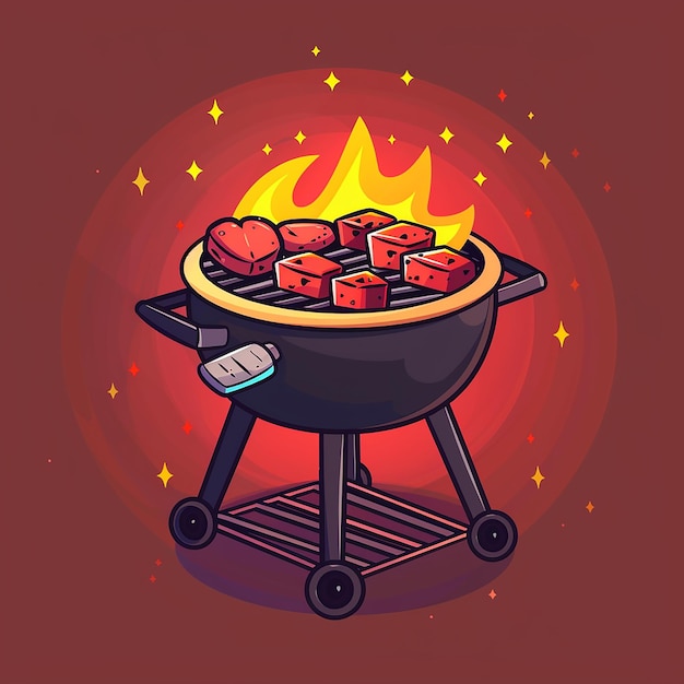 a drawing of a barbecue with a red background with a picture of a fireball on it