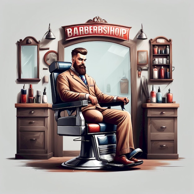 a drawing of a barber shop with a man sitting in a chair