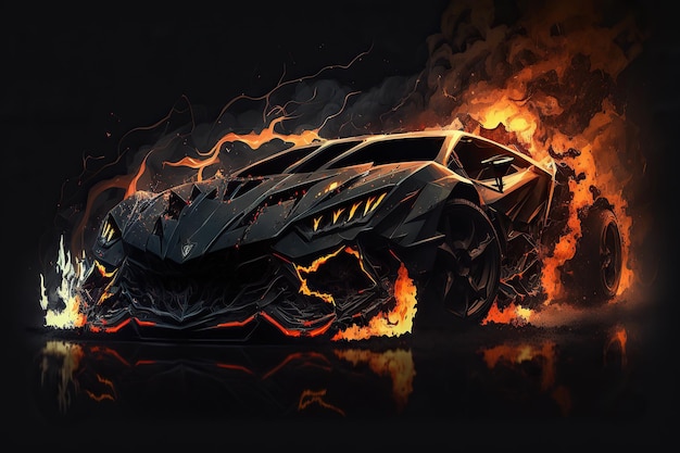 A drawing of a batmobile with flames on the background.