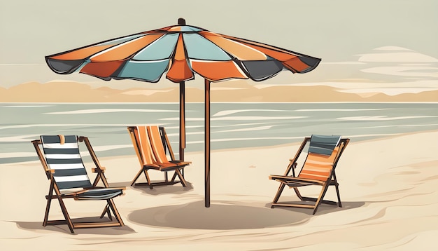 a drawing of a beach scene with chairs and an umbrella