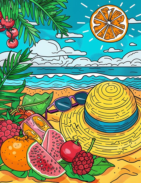 a drawing of a beach scene with sunglasses oranges and lemons