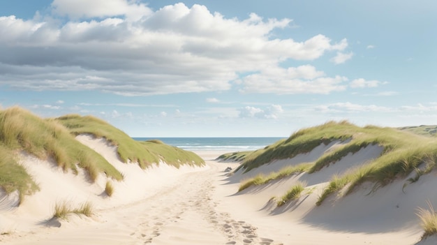 a drawing of a beach with sand dunes and grass