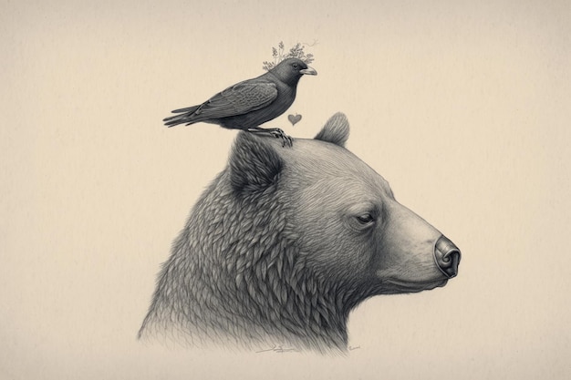 Drawing of a bear with a bird on his head