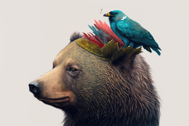 Drawing of a bear with a bird on his head