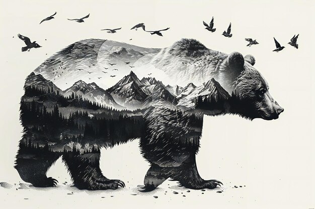 a drawing of a bear with birds flying in the background