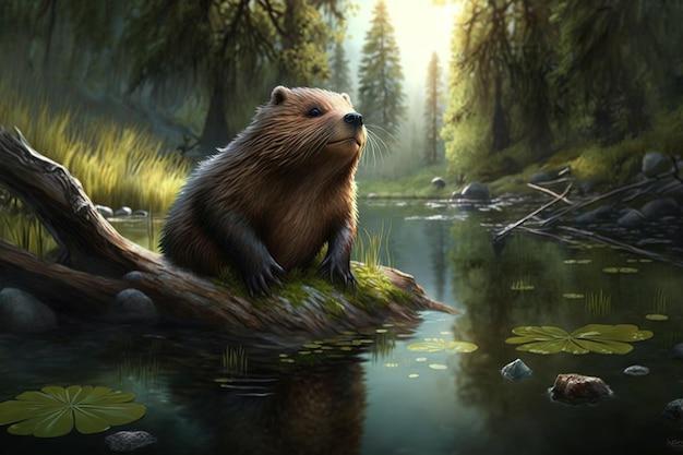 Drawing of a beaver in an American forest Ai generated