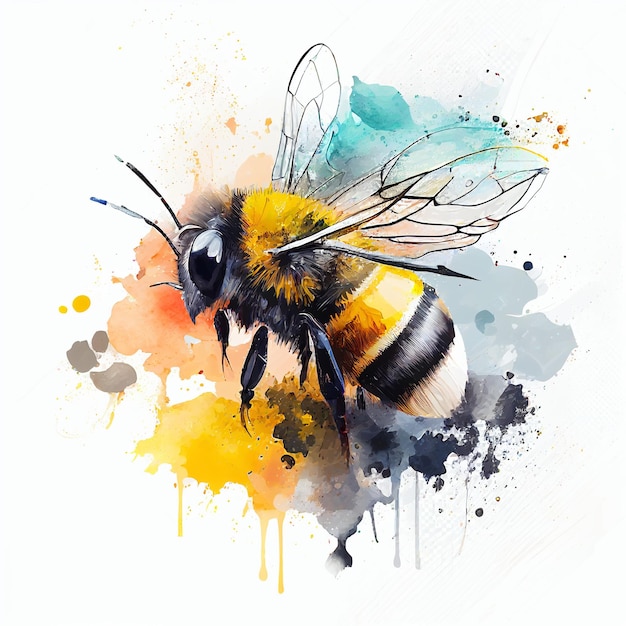 Drawing bee close up paint watercolor white background Generative AI