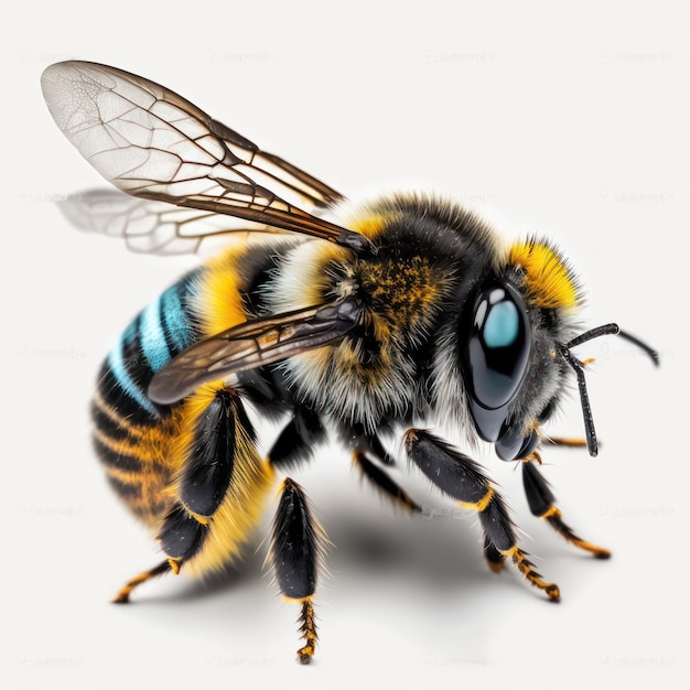 A drawing of a bee with blue and yellow wings