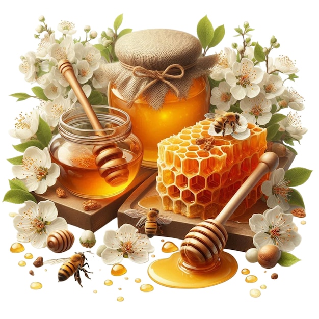 Photo a drawing of bees and honey with a jar of honey on it