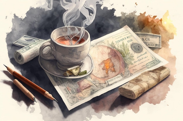 A drawing of a bill with a cup of coffee and a dollar bill.