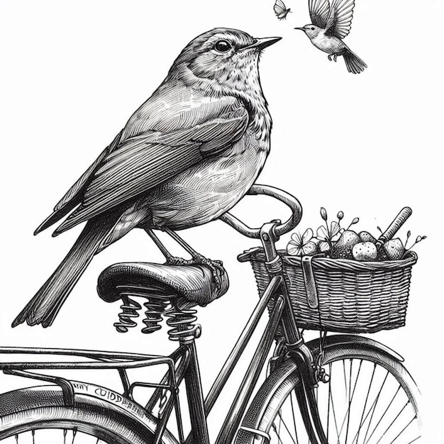 Photo a drawing of a bird and a bicycle with a basket of eggs in it