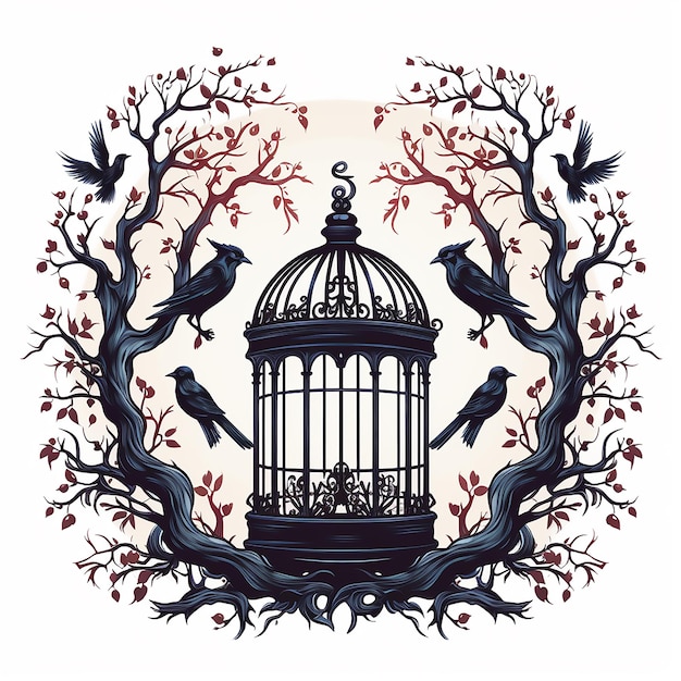 a drawing of a bird cage with birds in the middle