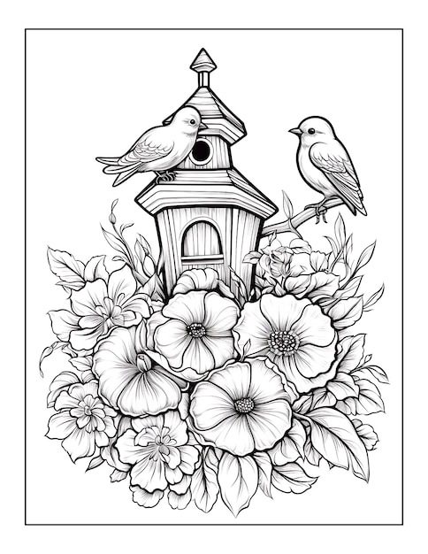 a drawing of a bird on a flower with a bird on it