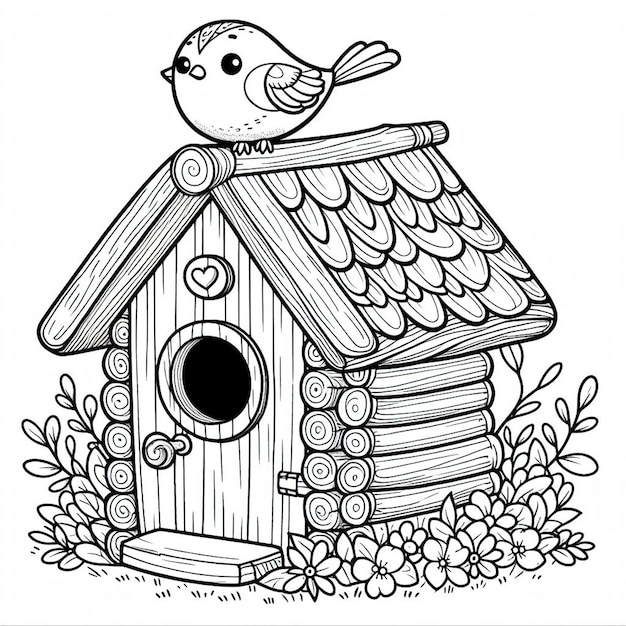 a drawing of a bird house with a bird on the top of it