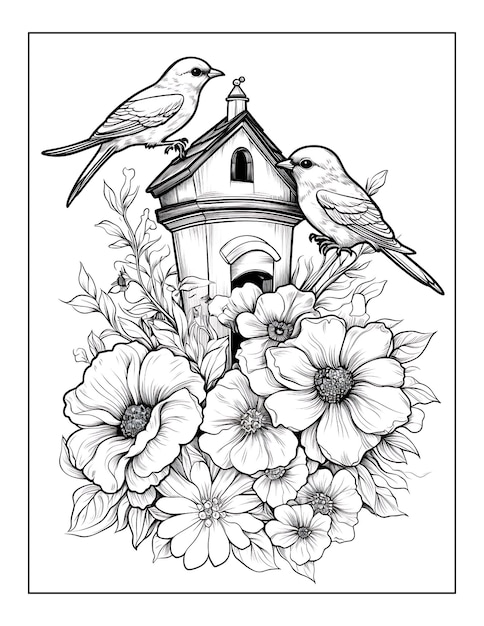 a drawing of a bird house with flowers in it