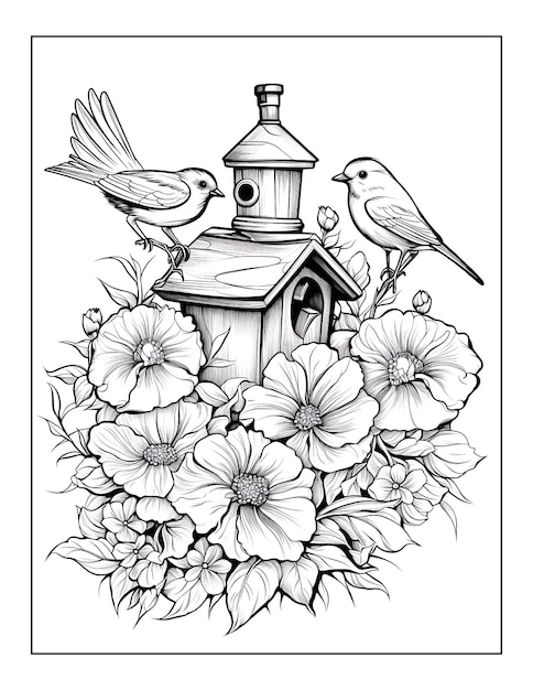 a drawing of a bird house with flowers in it