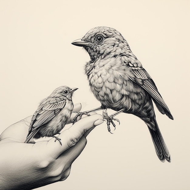 a drawing of a bird and a person holding their hand