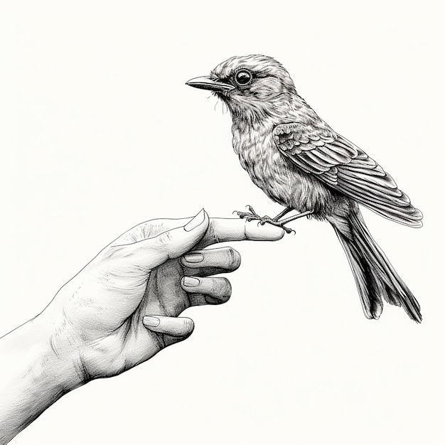 a drawing of a bird that is on a hand