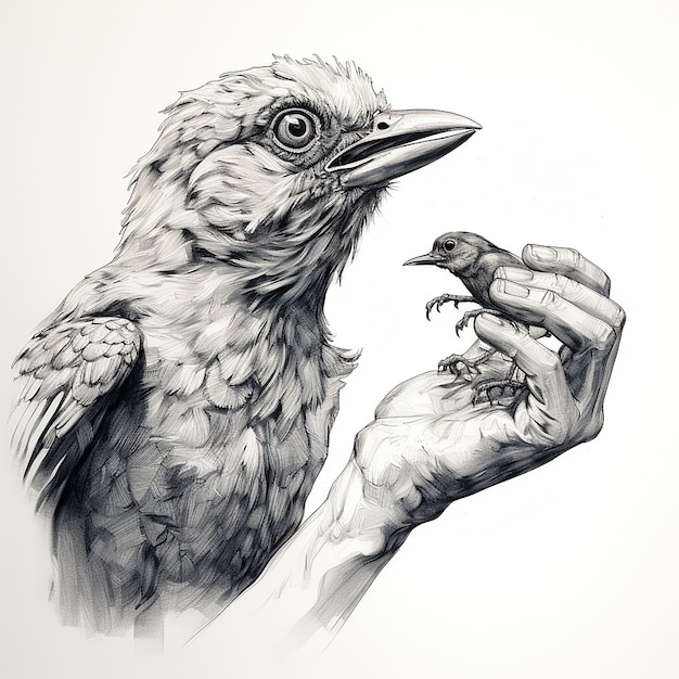 a drawing of a bird that is on a hand