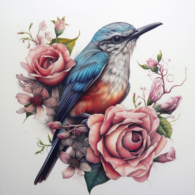 A drawing of a bird with a blue and white body sits on a flower arrangement.