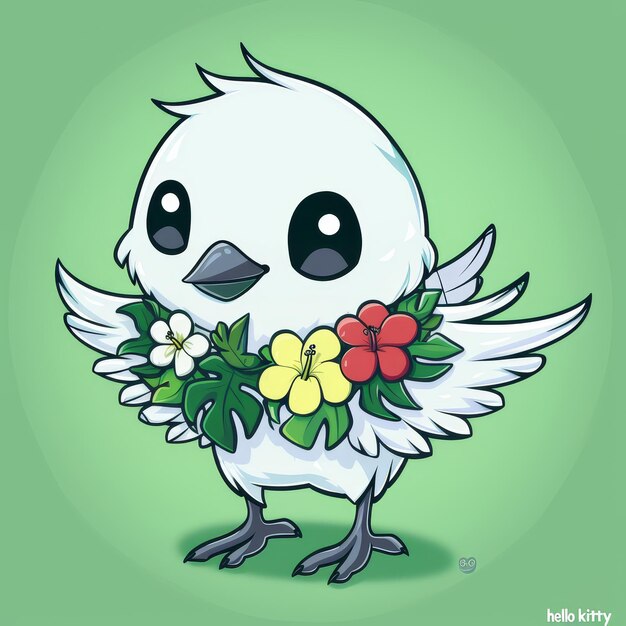 Photo a drawing of a bird with flowers and a green background