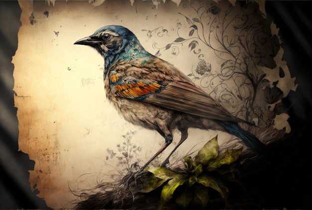 Drawing of a bird with a handmade backdrop