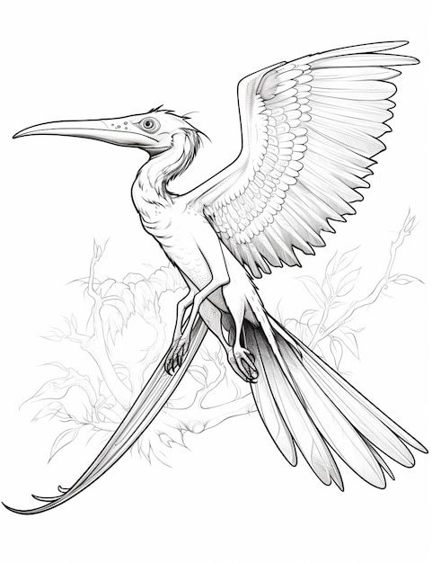 a drawing of a bird with a long beak flying over a flower generative ai