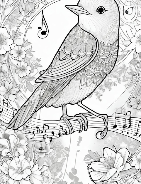 A drawing of a bird with a musical note on it coloring pages for kids