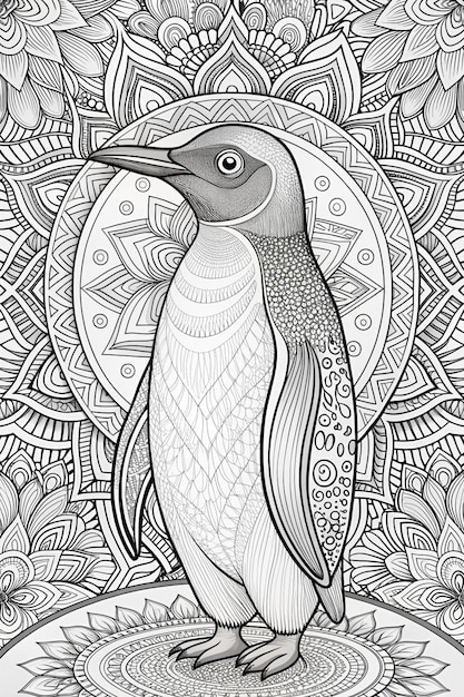 a drawing of a bird with a pattern of dots and a black and white background