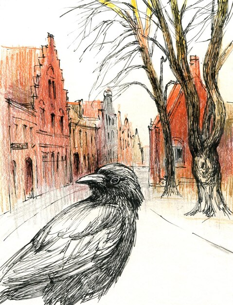 a drawing of a bird with a red building in the background