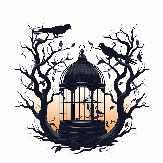 a drawing of a birdcage with a tree in the background