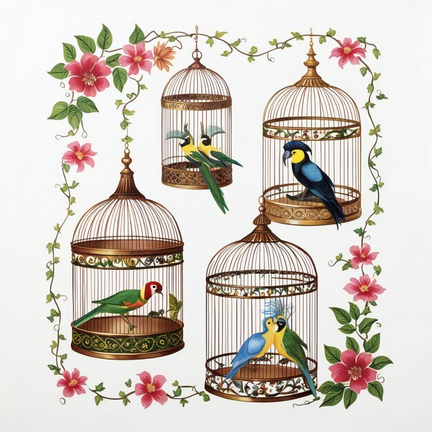 Photo a drawing of birds in a cage with flowers and birds