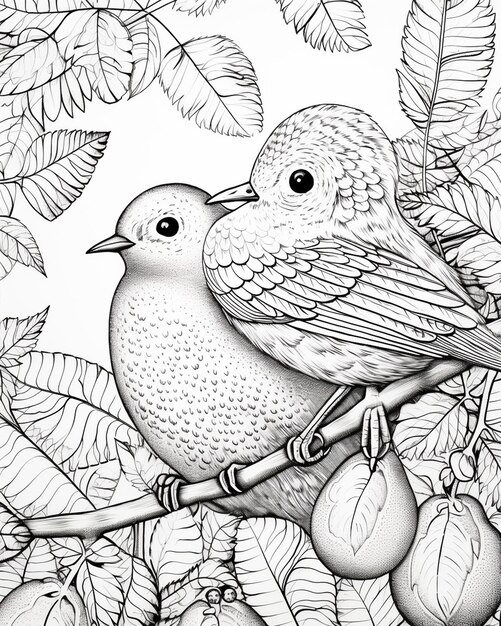 Photo drawing of birds on leaf coloring pages