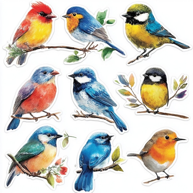 a drawing of birds with a blue one with a green and yellow on the front