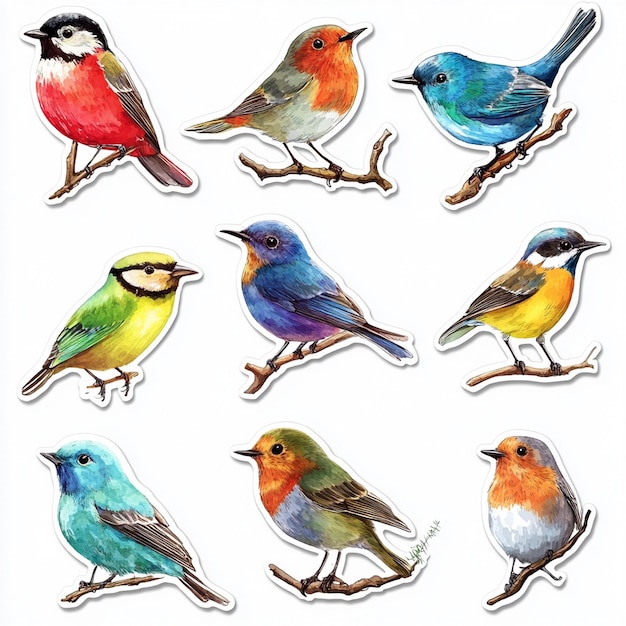 a drawing of birds with different colored birds on it