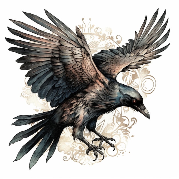 A drawing of a black bird with a large wing that has the word " raven " on it.