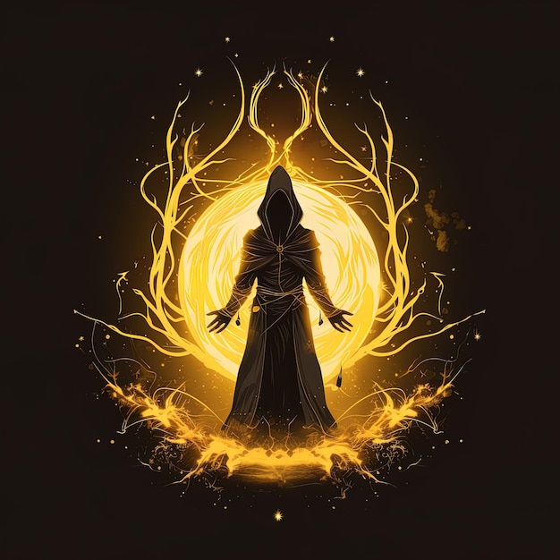 a drawing of a black cape with a yellow flame and a black background