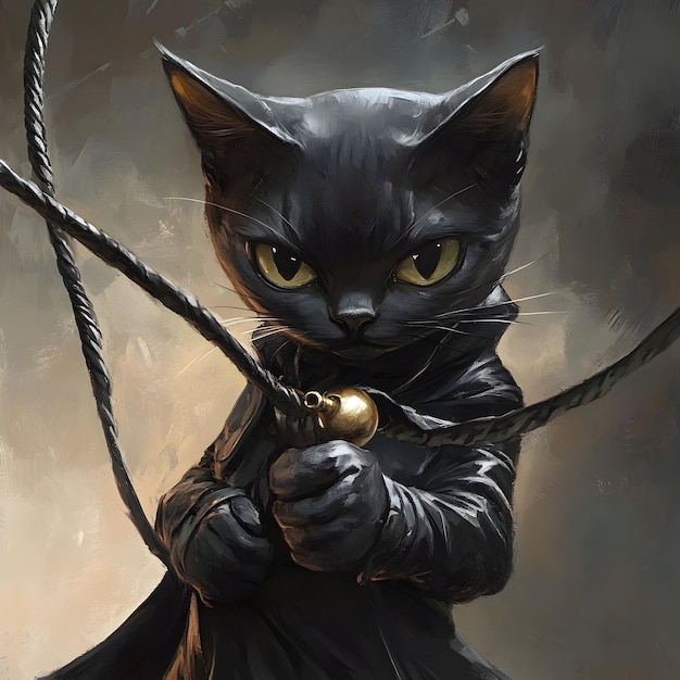 A drawing of a black cat with a bow and arrow