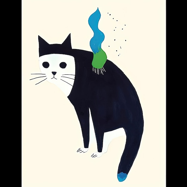 Photo a drawing of a black cat with a green spot on its back