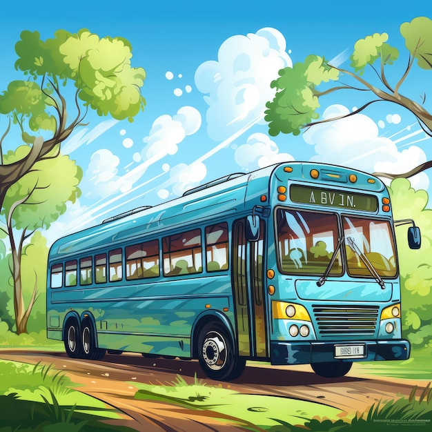 a drawing of a blue bus