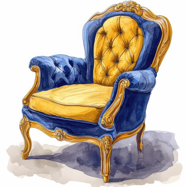 a drawing of a blue chair with gold trim