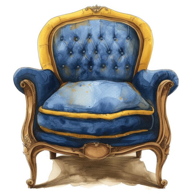 a drawing of a blue chair with a yellow stripe on the back