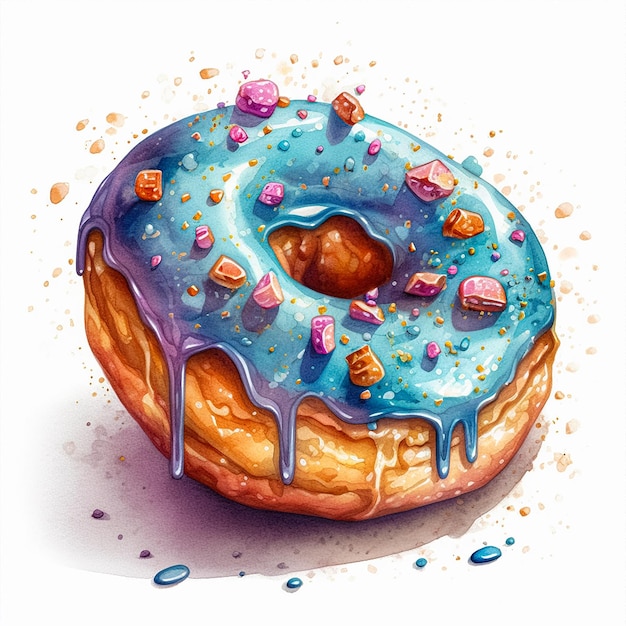 A drawing of a blue donut with blue icing and sprinkles