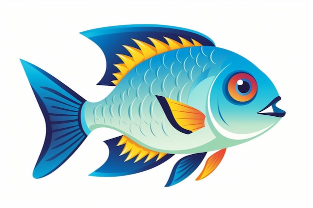 a drawing of a blue fish with a yellow and orange face